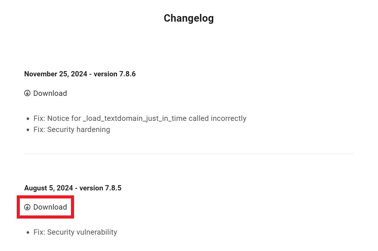 WPMU DEV Pro plugin changelogs and download buttons