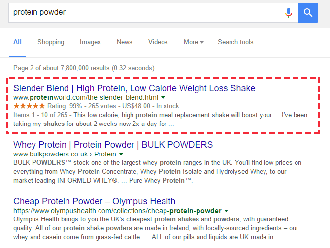 An example of a rich snippet with ratings information.