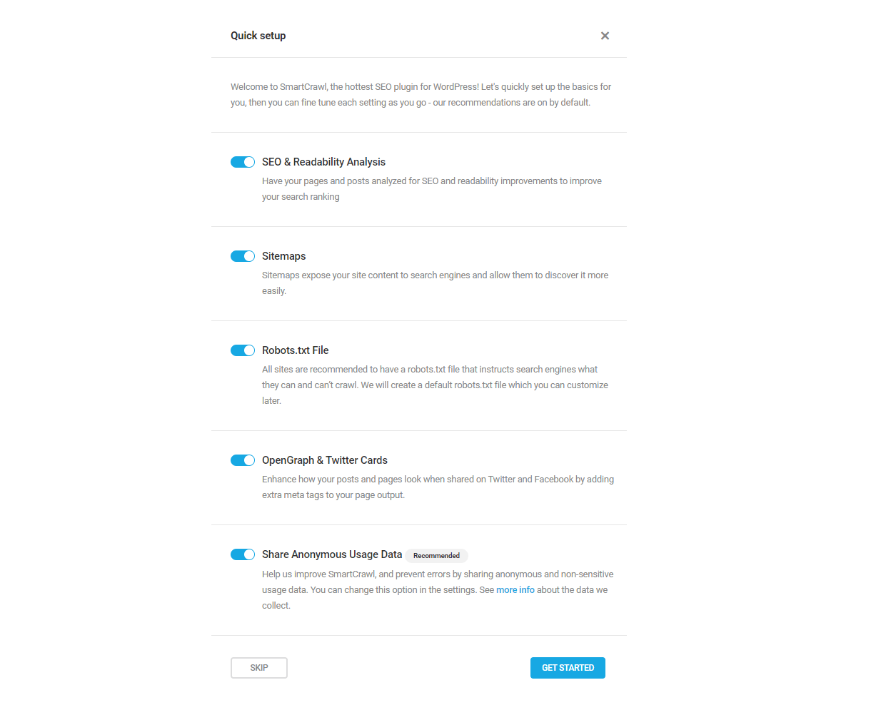 SmartCrawl quick setup wizard