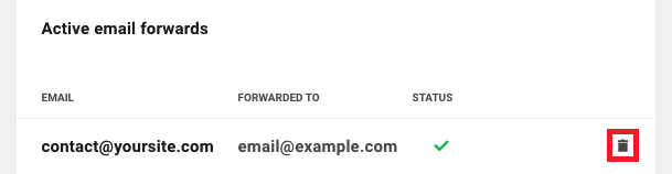 Allows the user to remove an existing email forwarding address from a site.