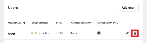Allows the user to remove an existing SFTP or SSH user account from a site