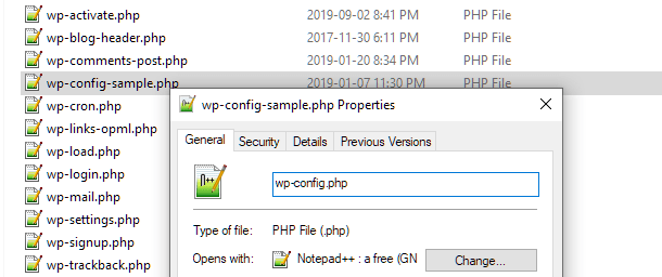 Rename wp-config-sample file
