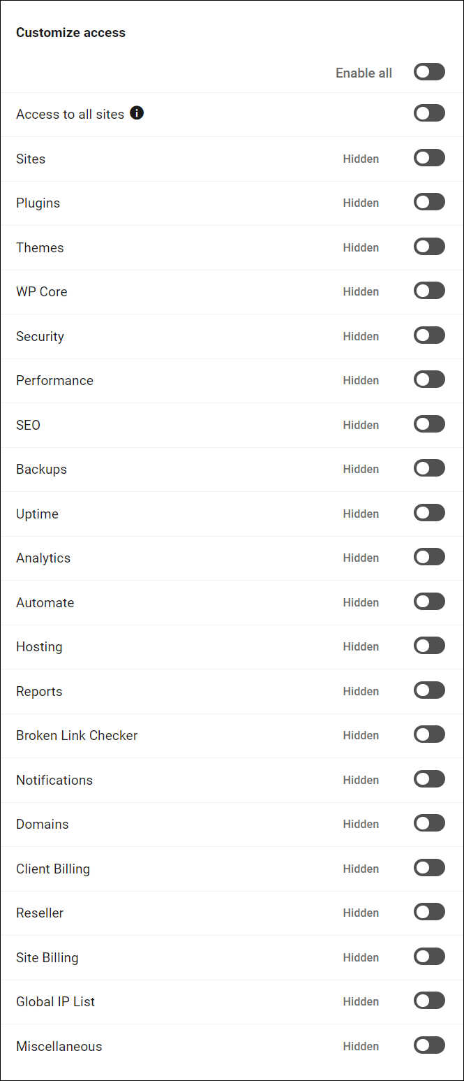 A list of all configurable Hub modules in the Custom Roles screen.