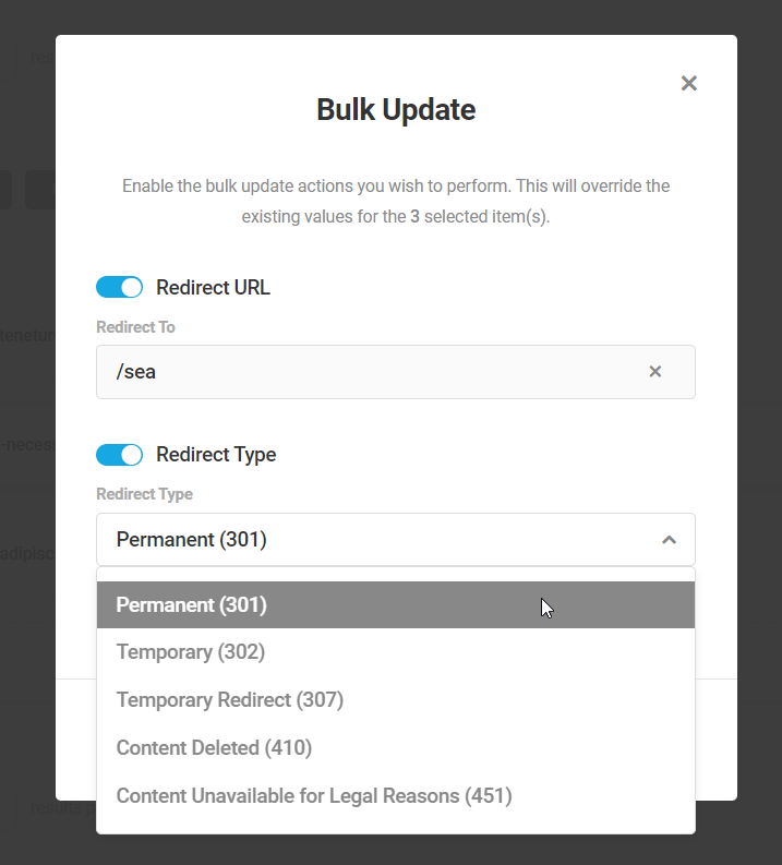 Inputting the bulk update info.