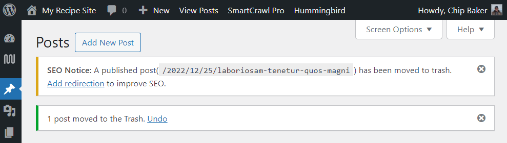 SmartCrawl delete post redirection reminder