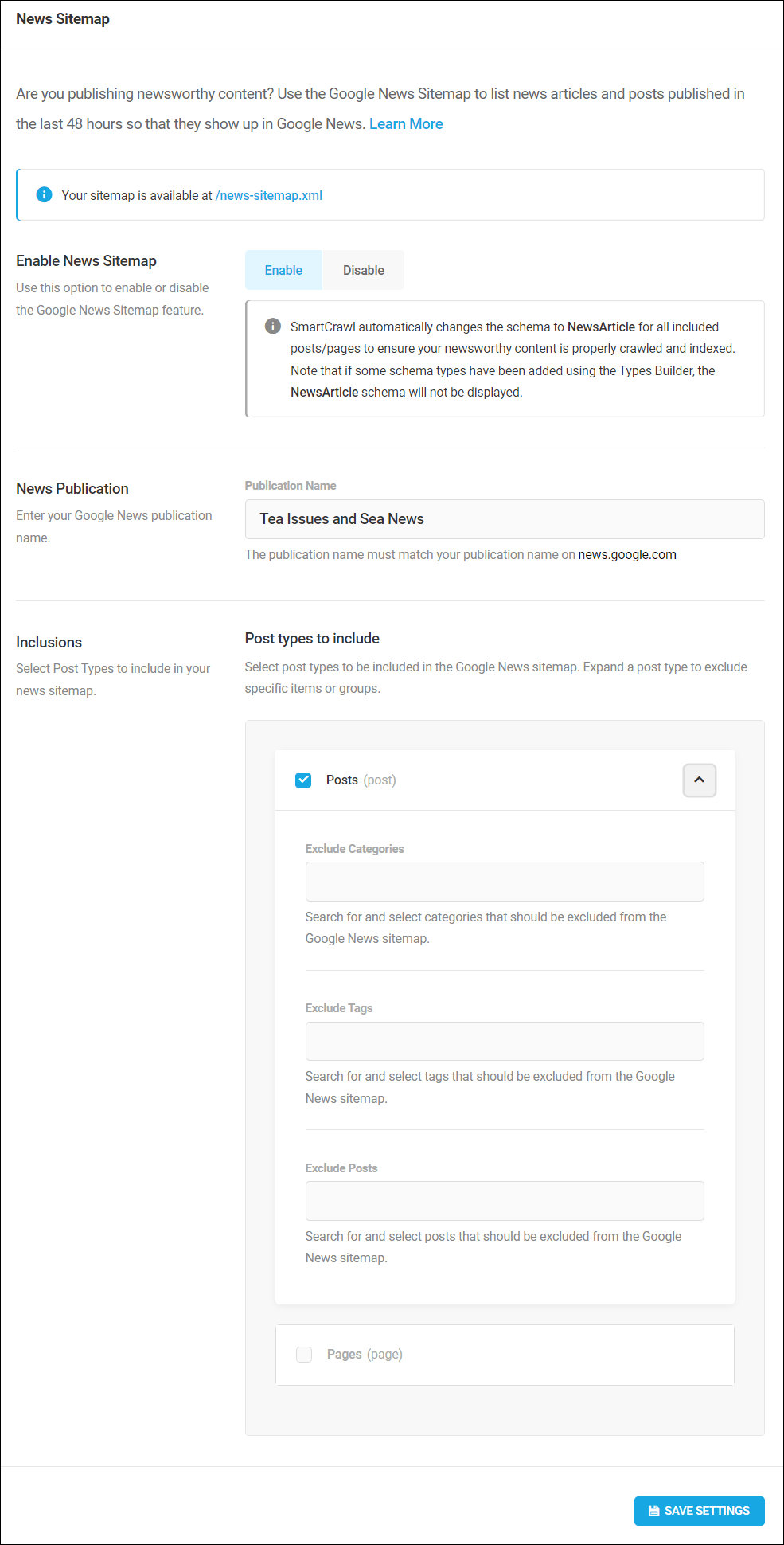 SmartCrawl Google News Sitemap settings screen.
