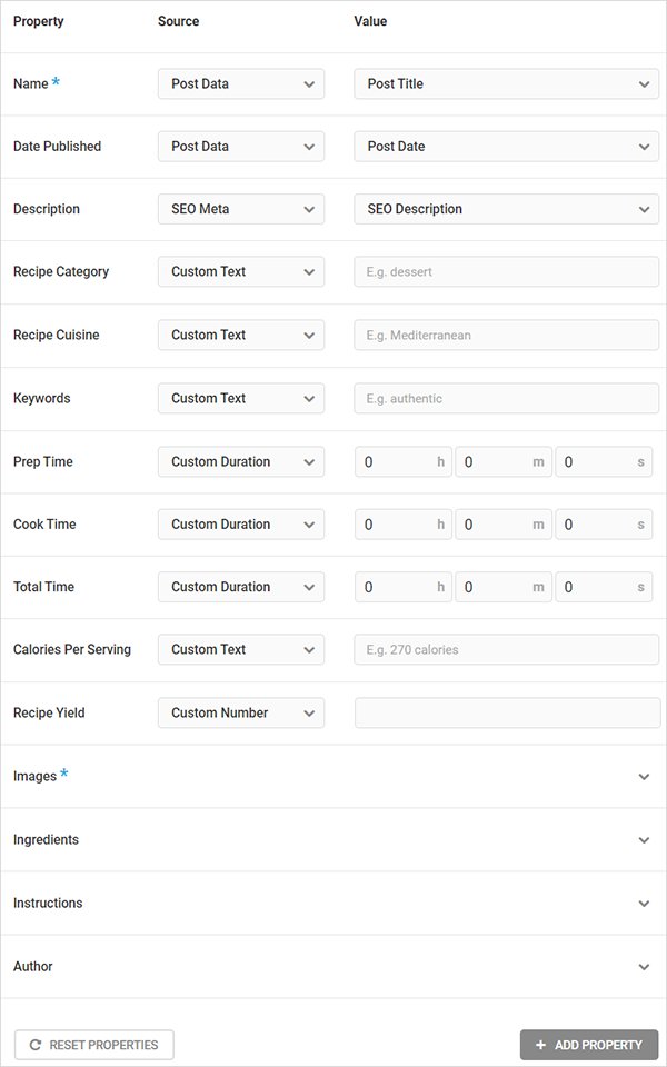 Recipe schema properties.