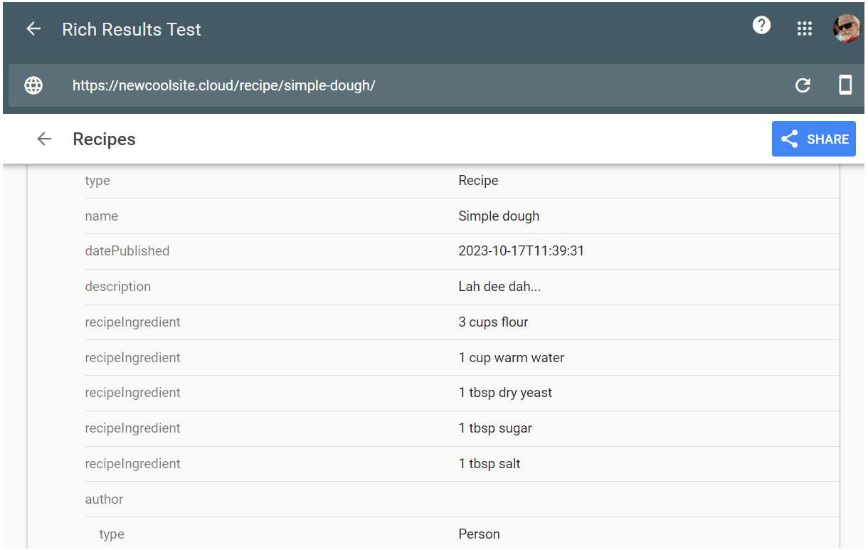 Rich results for Recipe schema