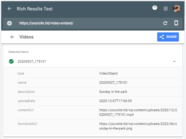 Video schema in Google Rich Results Test