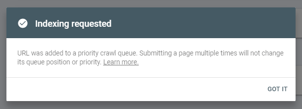 Indexing of a page requested in Google Search Console