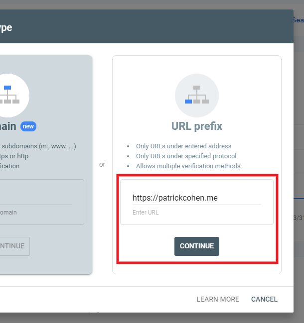 Add a doman in Google Search Console