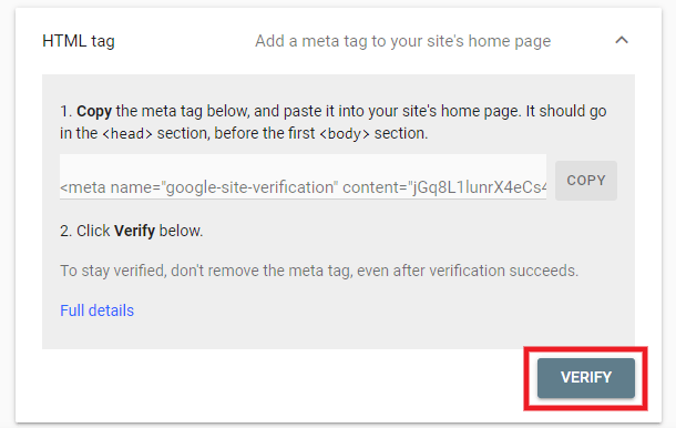 Verify meta tag in Google Search Console