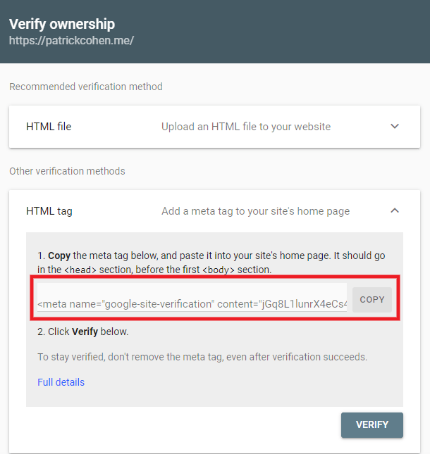 Copy meta tag from Google Search Console