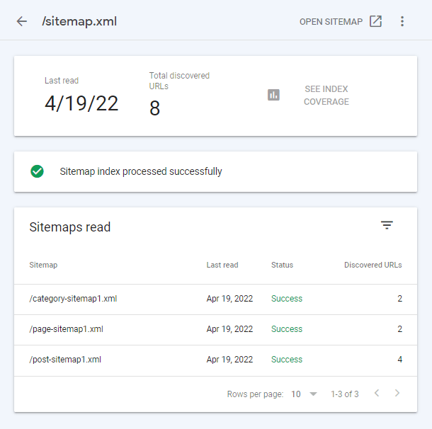 New sitemap processed in Google Search Console