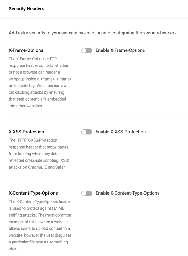 Several examples of security headers you can enable and what they do.