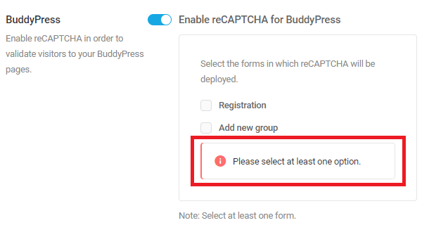 Select at least one location for BuddyPress reCaptcha