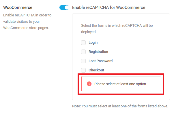 Select at least one form location for WooCommerce reCaptcha