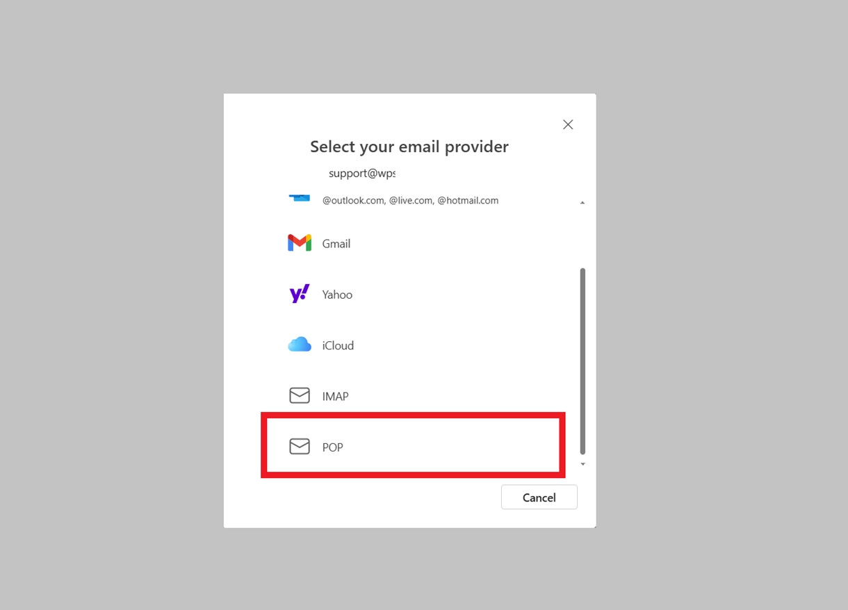 select outlook email provider