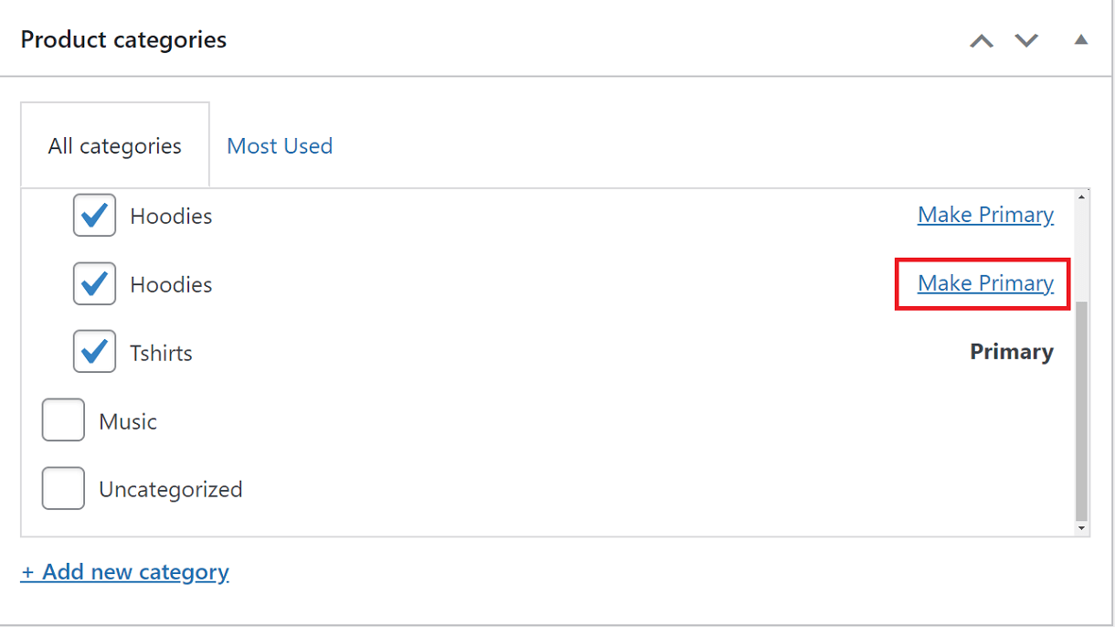Select woocommerce product primary category