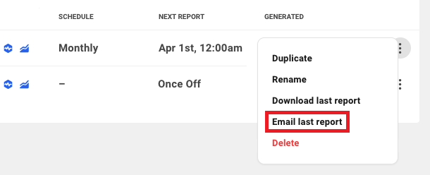 Allows the user to email a report previously generated for a site.