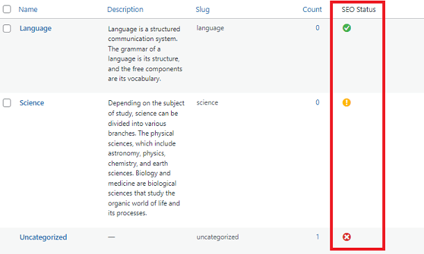 SEO status in taxonomies