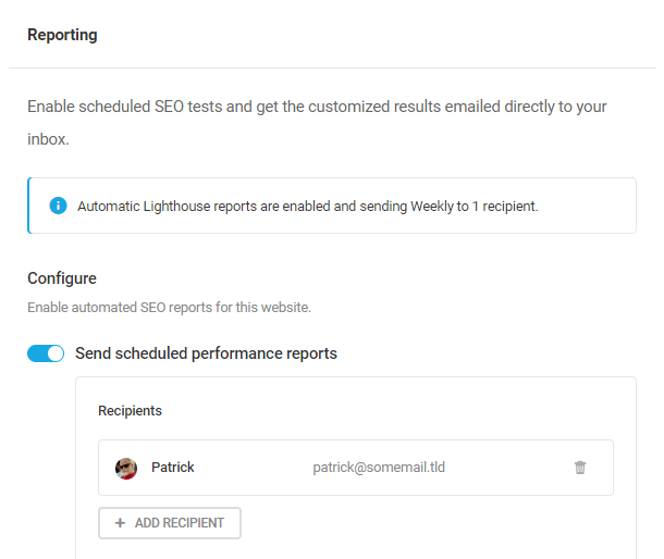 Enter SEO test report recipients