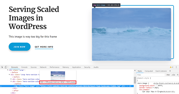 Screenshot of chrome developer tools with image size