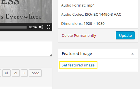 Set featured image link on the edit media page.
