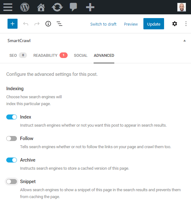 Set the secondary language page indexing meta tags and update