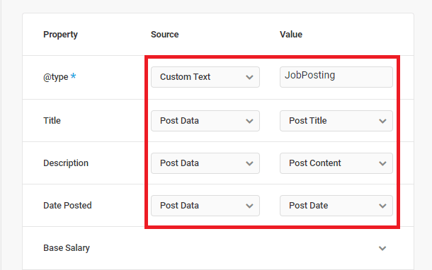 Setting the properties source and value fields