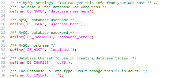 edit wp-config database settings and user details