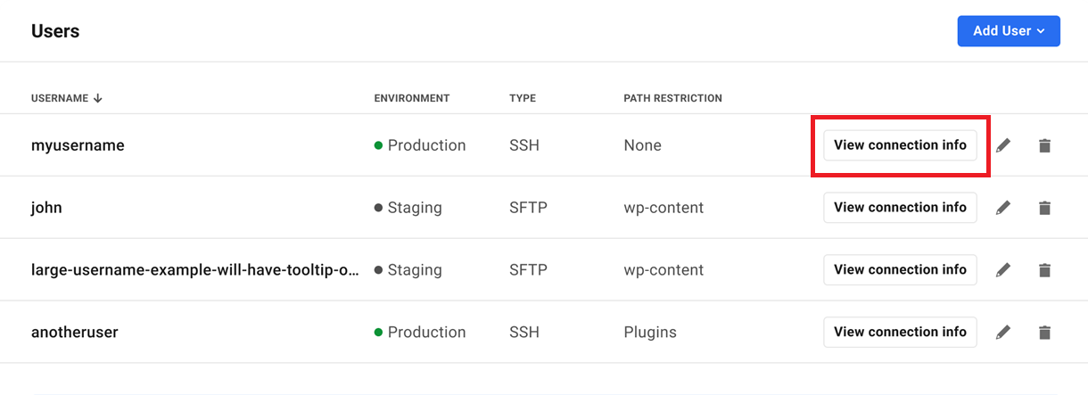 View SFTP connection information
