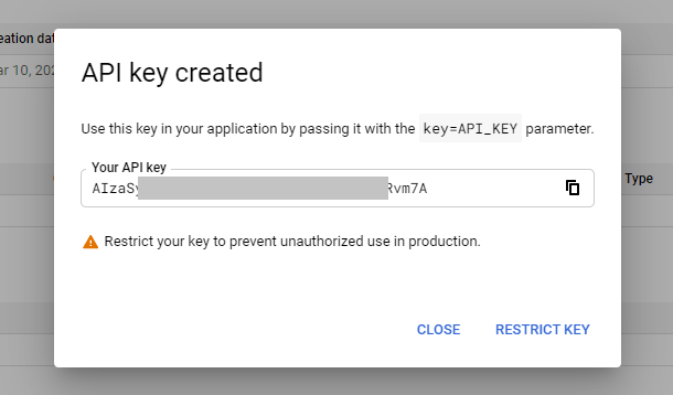 Copy API key from Google project