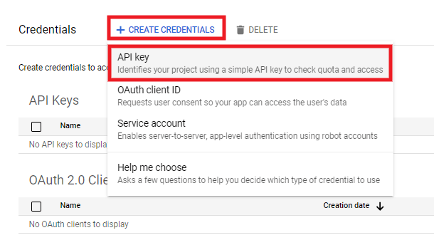 Create API key in Google project