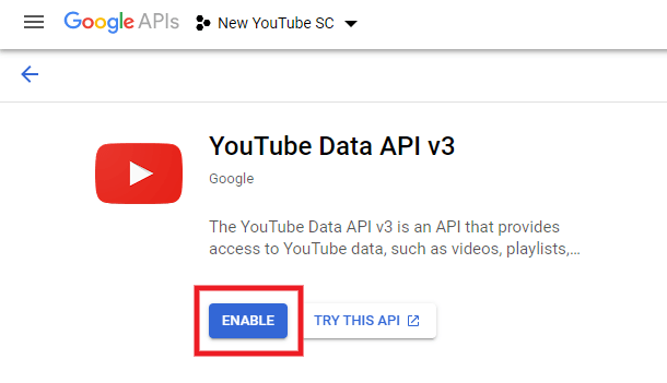 Enable YouTube Data API in Google project
