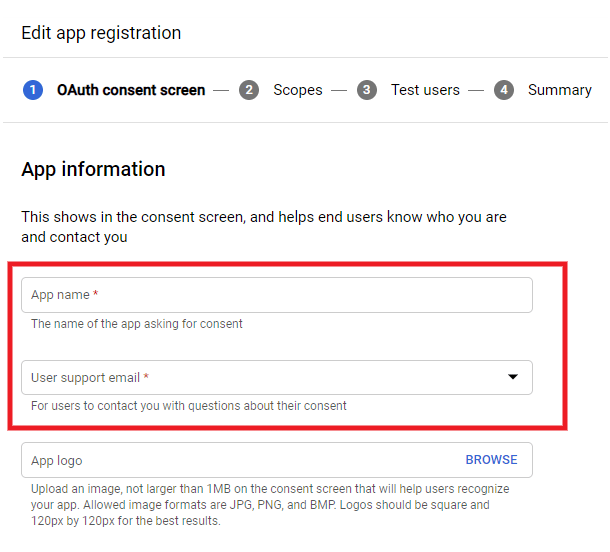Enter name and email for Google app