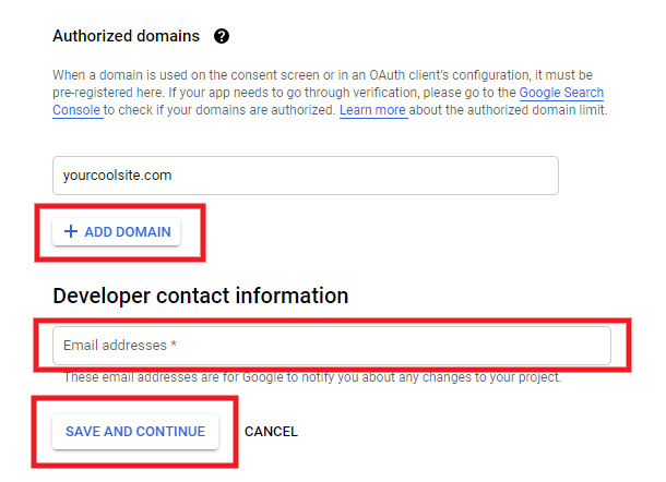 Enter domain and email for Google app
