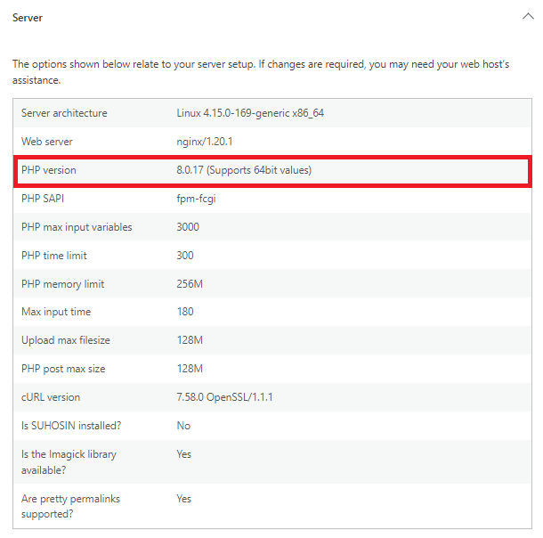 Checking the PHP version on the Site Health screen