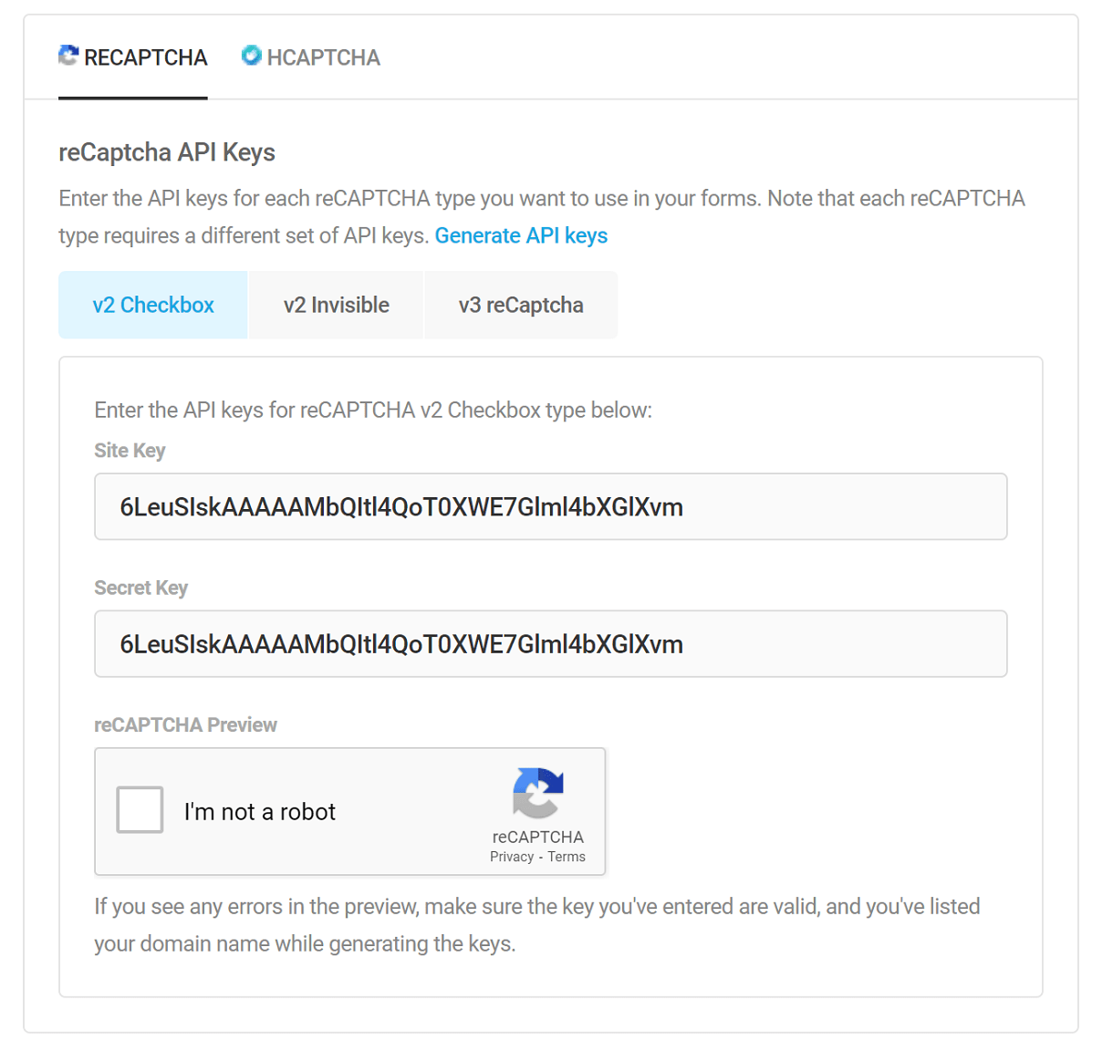 Adding site key and secret key