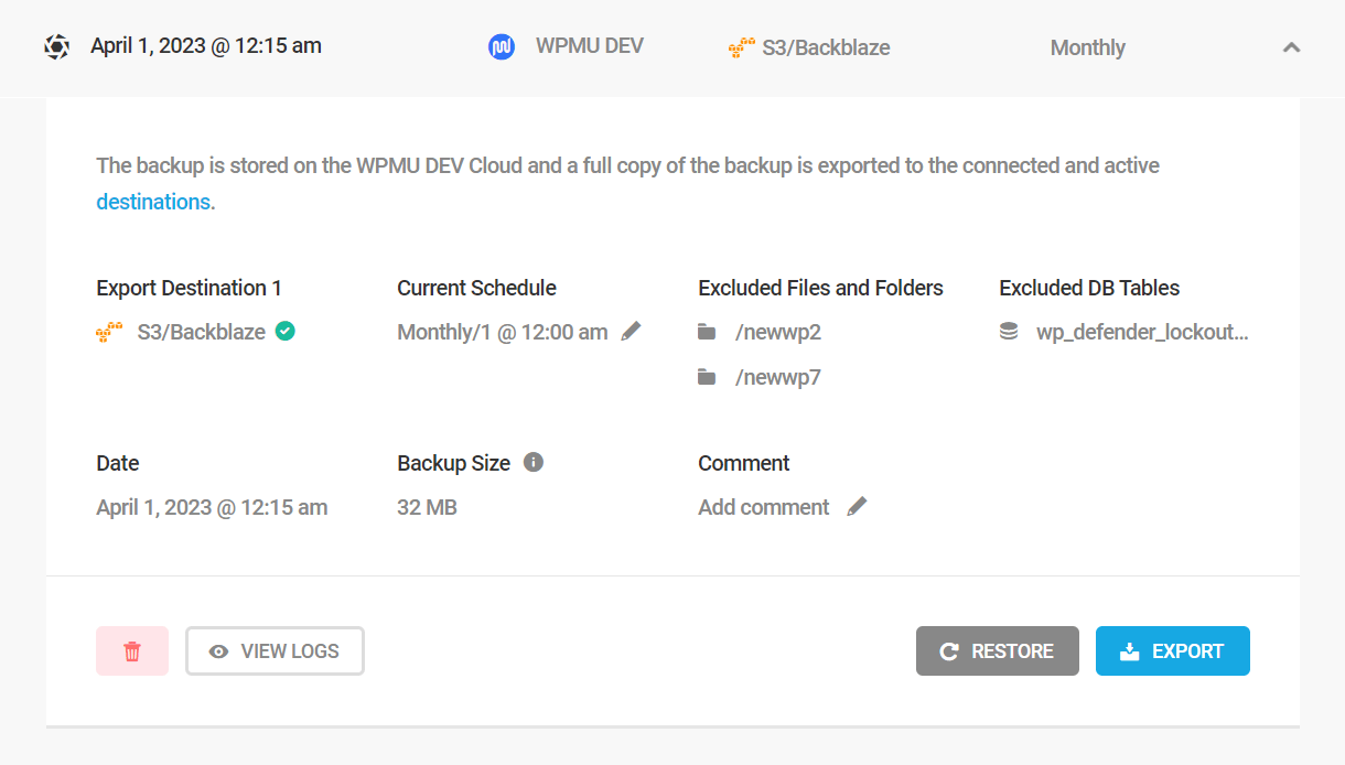 Snapshot backup information
