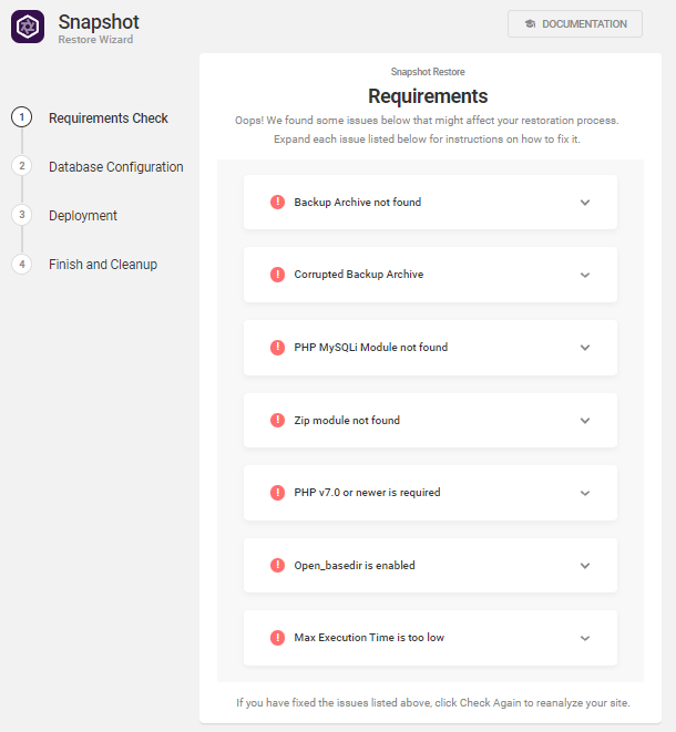 Issues found by the Snapshot installer wizard