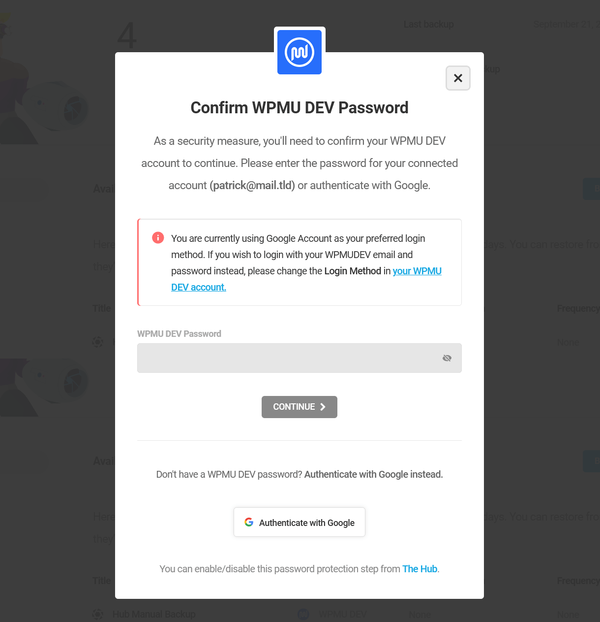 Incorrect authentication method notice