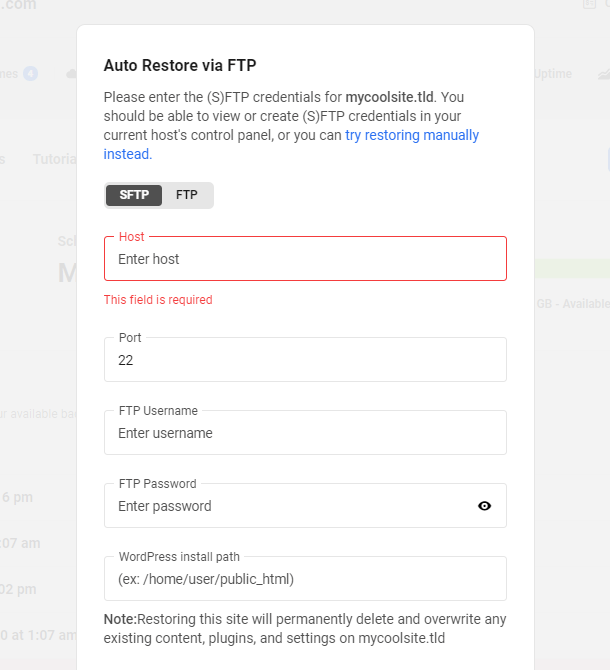 Backup restore FTP option in the Hub