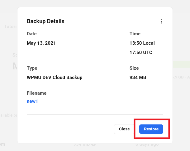 Snapshot backup restore modal