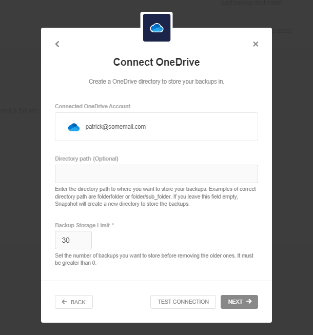 Adding the Directory Path and setting the backup storage limit in OneDrive