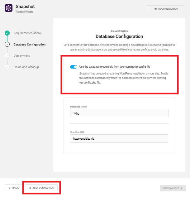 Use existing database in Snapshot installer wizard