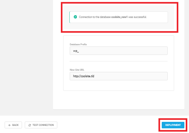 Successful database connection in Snapshot installer wizard