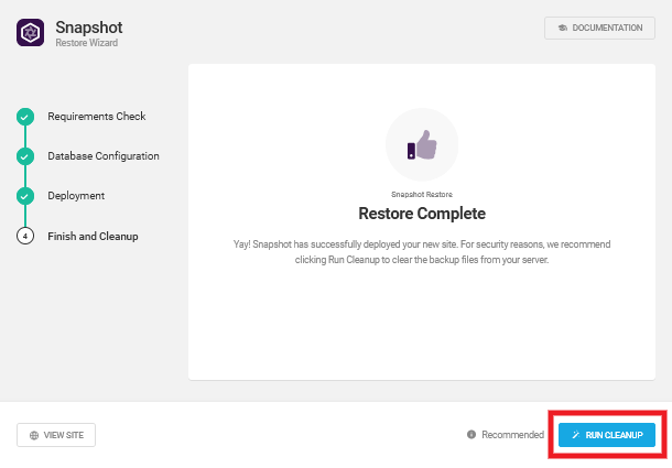 Deployment complete in Snapshot installer wizard
