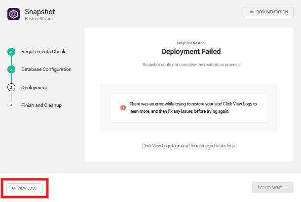 Deployment failed in Snapshot installer wizard