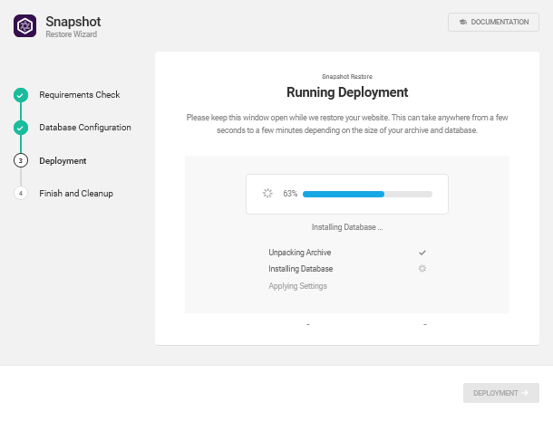 Backup deployment in Snapshot installer wizard